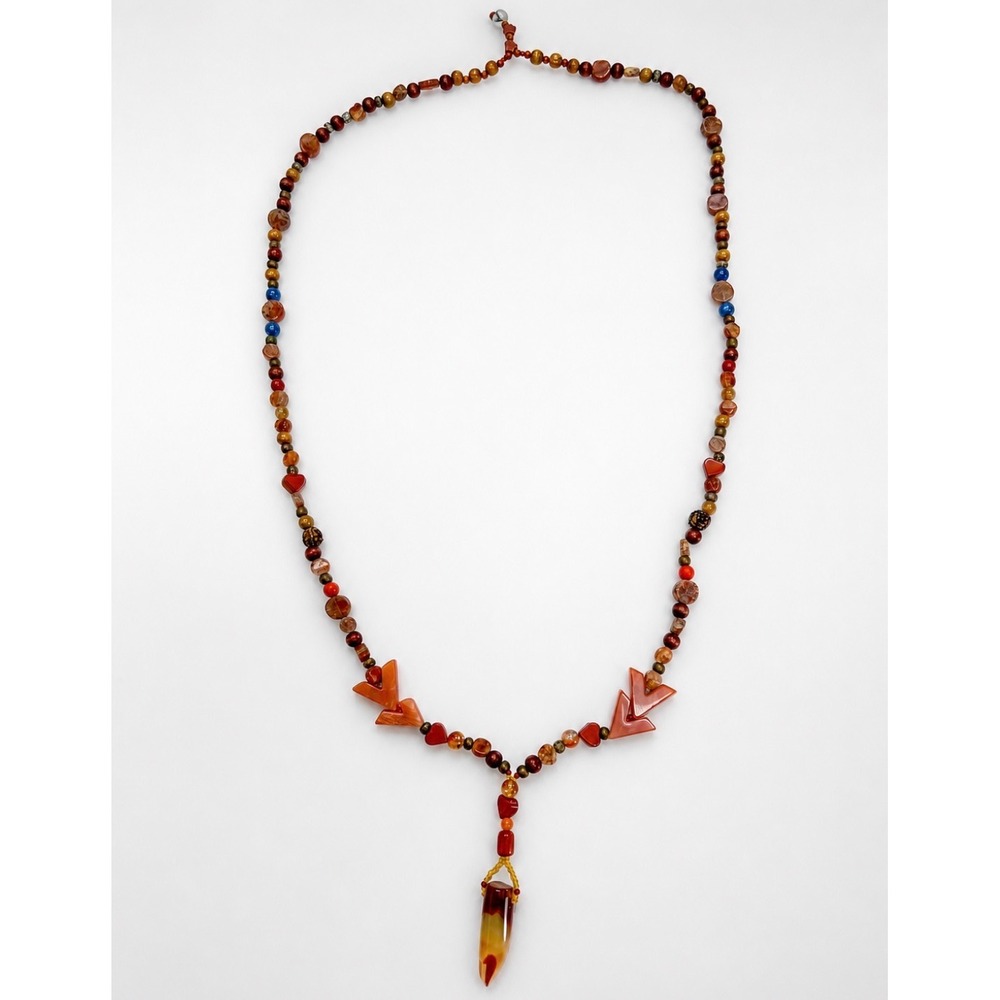 Boho Artisan Earthy Beaded Necklace Agate Point Heart Chevron Stone Wood 28 Inch